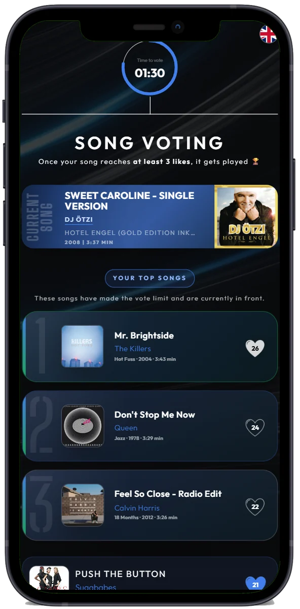 Widok gościa w aplikacji DJfy z głosowaniem i najlepszymi utworami