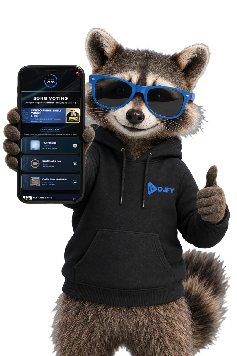 Wolfgang, szop DJfy, pokazuje telefon z listą życzeń DJfy